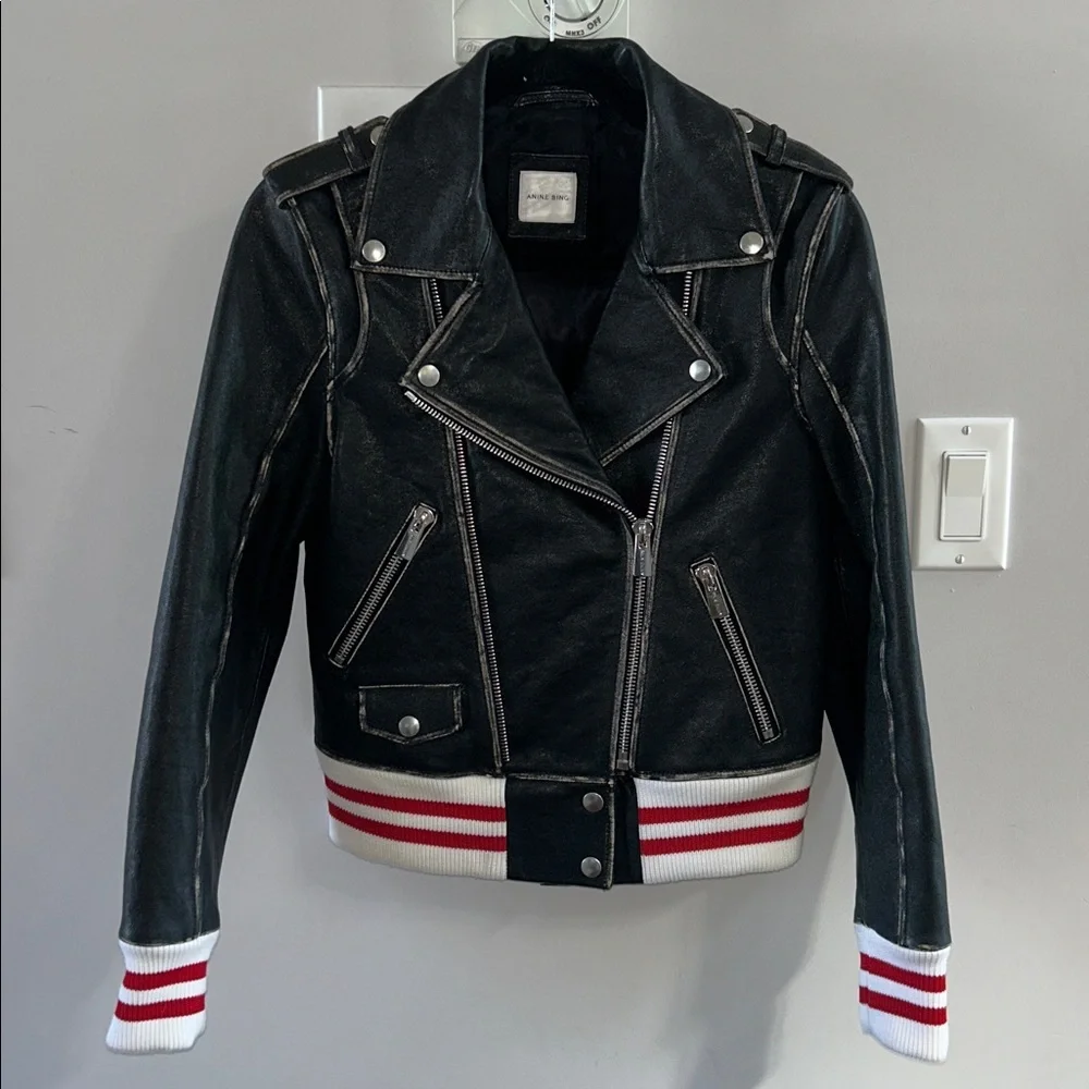 Anine Bing Quinlan Moto Biked Jacket with Varsity Cuffs and Hem - Picture 8 of 12